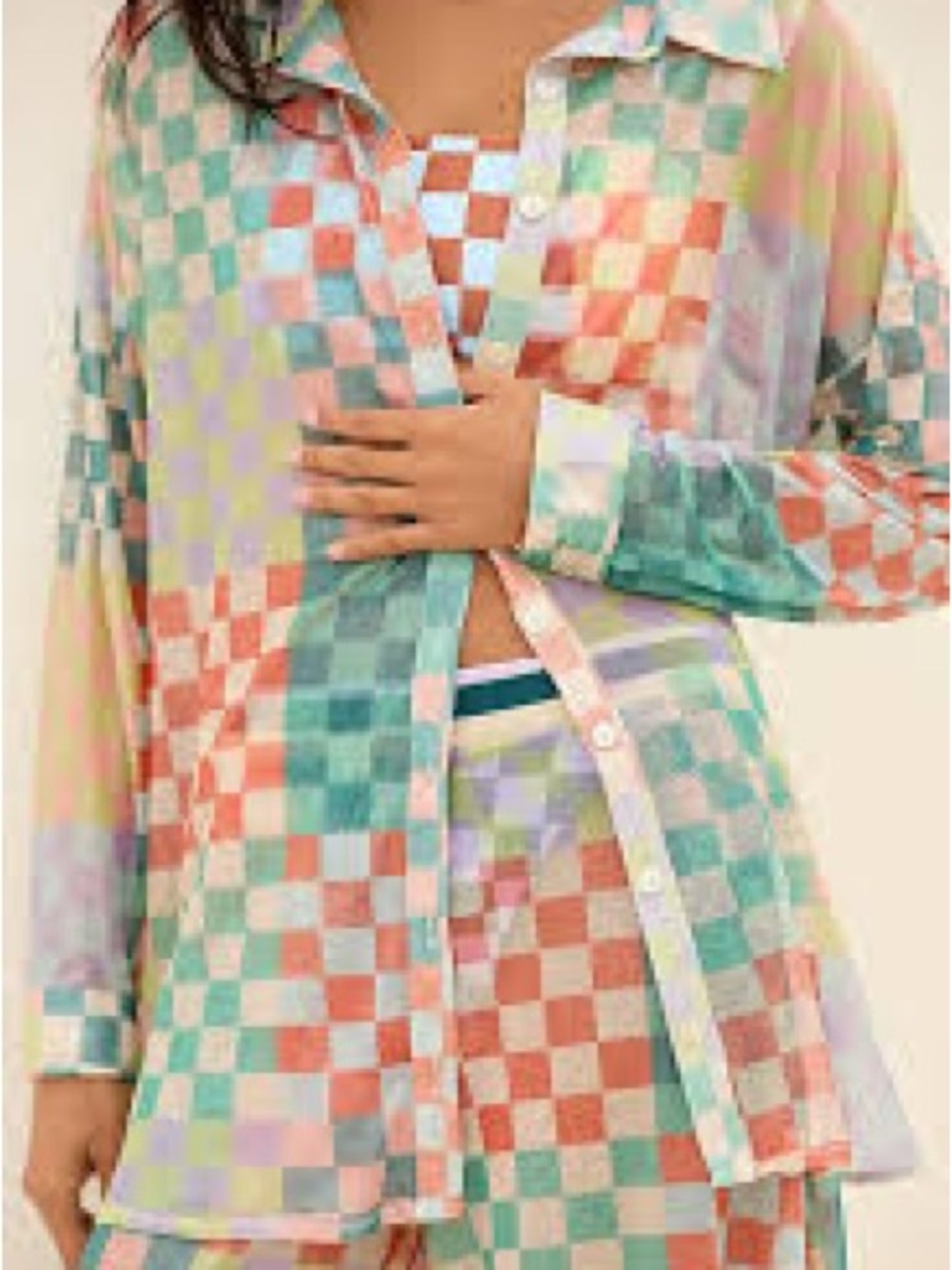 Maaji Chess Manele Checkerboard Button-Up Sheer Shirt - Multicolor Pastels